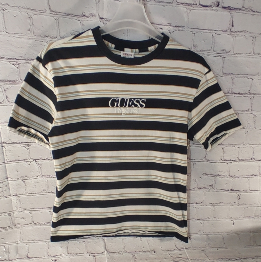 Guess 90's Vintage Striped Black Gold Crew Neck Shirt